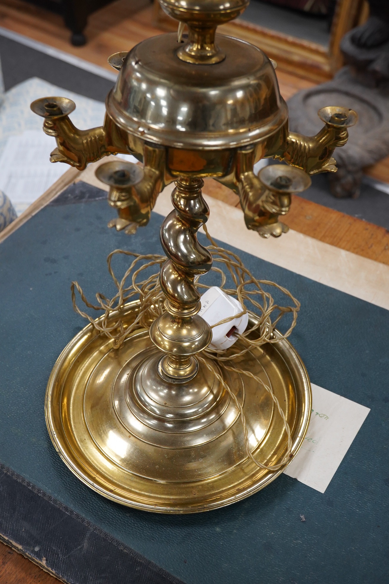 A 19th century style brass two light table lamp with metal shade, 83cm high. Condition - fair